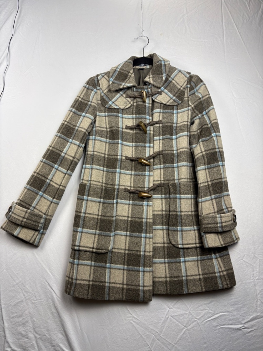 GAP Y2K Women’s Wool Blend Plaid Duffle Toggle Coat Peacoat XS Statement Jacket